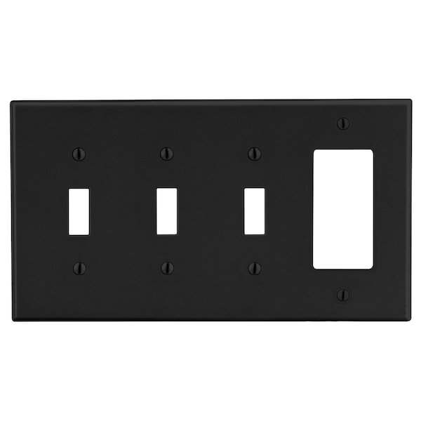 Hubbell Wiring Device-Kellems Wallplate, 4-Gang, 3) Toggle 1) Decorator, Black P326BK - main